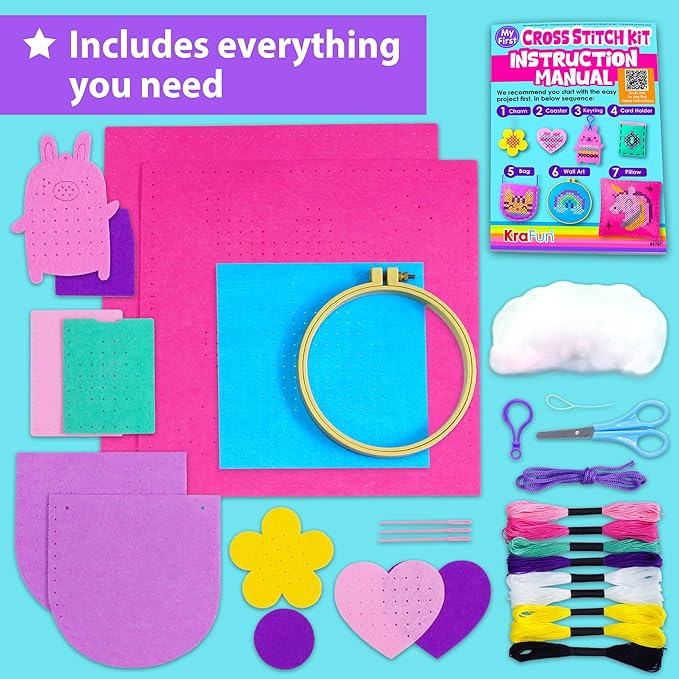 KRAFUN Beginner My First Cross Stitch Kit for Kids Arts & Crafts, 6 Easy Projects of Felt Keyring, Bag, Pillow Craft, Instructions, Gift for Girls and Boys, Learn DIY Crafting, Embroidery