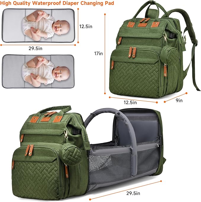 Baby Bag Diaper Bags with Changing Station, Large Capacity Diaper Bag Backpack for Moms Dads with USB Charging Port, Waterproof Diaper Backpack（Army Green）