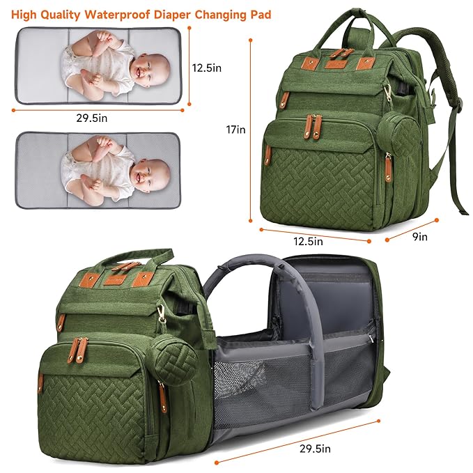 Baby Diaper Bag Backpack Multifunctional Waterproof Diaper Bag with Changing Station Travel Backpack with Changing Pad(Army Green)