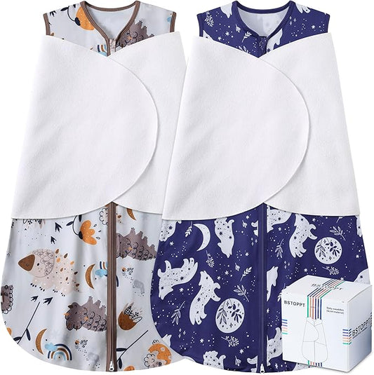 Newborn Sleep Sack Baby Swaddle,3-Way Adjustable Wearable Blanket,100% Rayon Cotton Swaddling Sleeping Bag，TOG 0.5 (Fox & Dinosaurs, 3-6 Months)