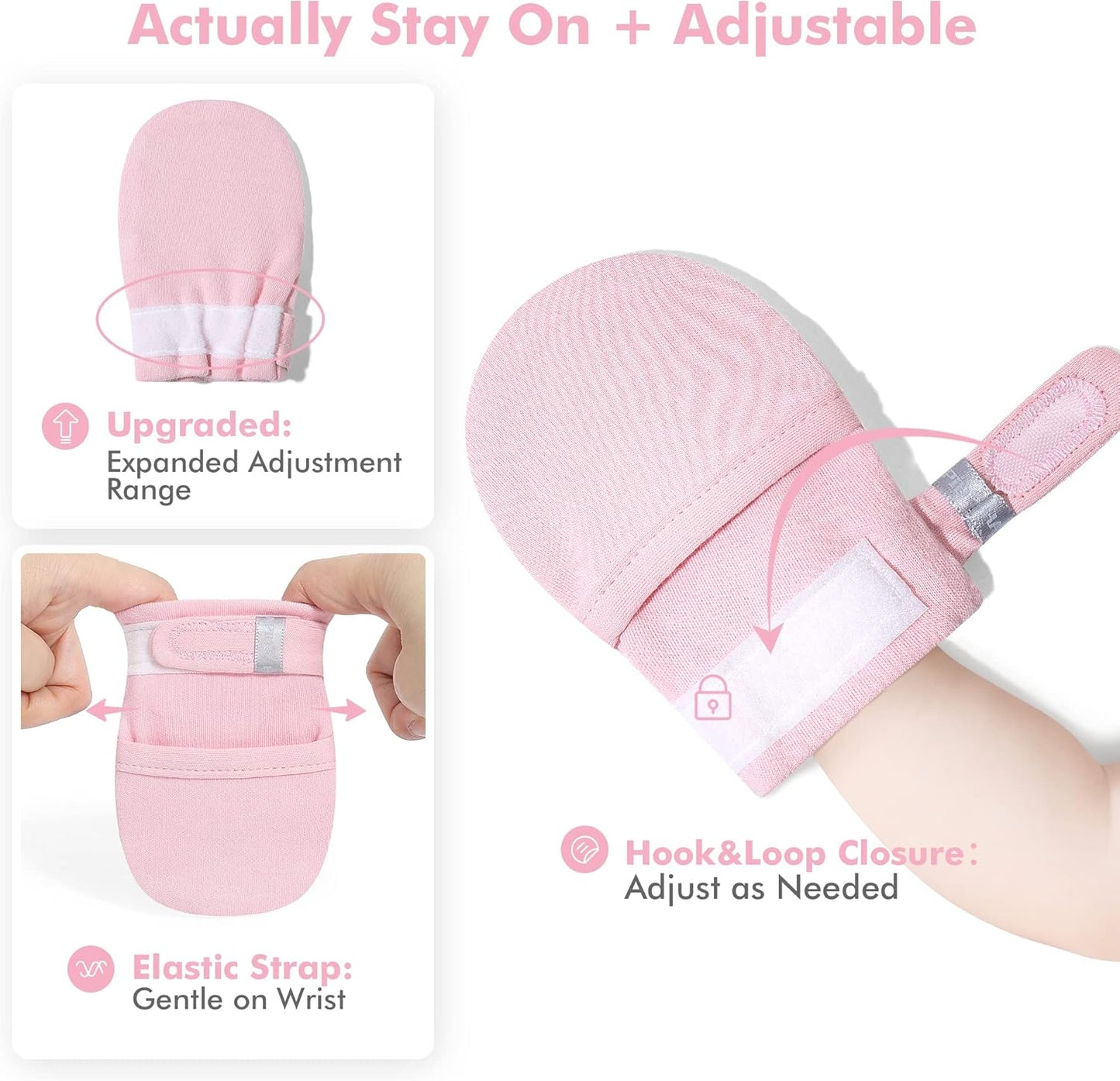 HAPIU Baby No Scratch Mittens Stay On, 100% Cotton Breathable, Adjustable Infant Gloves for Boys Girls, Newborn - 12 M