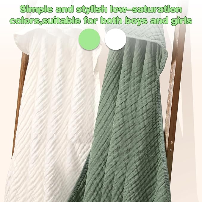 MUKIN Baby Hooded Towels, Muslin Cotton, 2-Pack, for Newborn, Infant, Toddler and Kids (White,Dark Green)