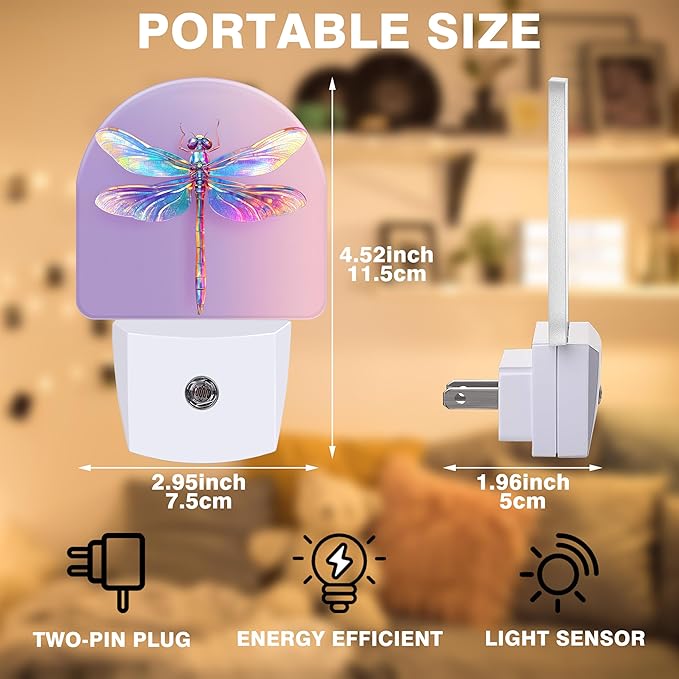 Night Light, Colorful Dragonfly Night Lights Plug into Wall Dusk to Dawn Sensor Round Nightlight for Women Men Energy Efficient Led Lamp 0.5W for Stairway Hallway Bedroom