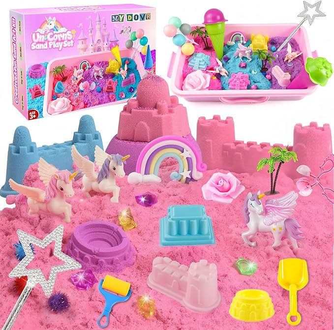 MYDOVA Unicorn Sensory Bin for Girls, Magic Sand Sensory Bin Art Kit for Boys and Girl with Sandbox, Castle Molds, 2.18lb 3 Color Sand, Unicorn Toy Kits Christmas Birthday Gift for Toddler Ages 3+