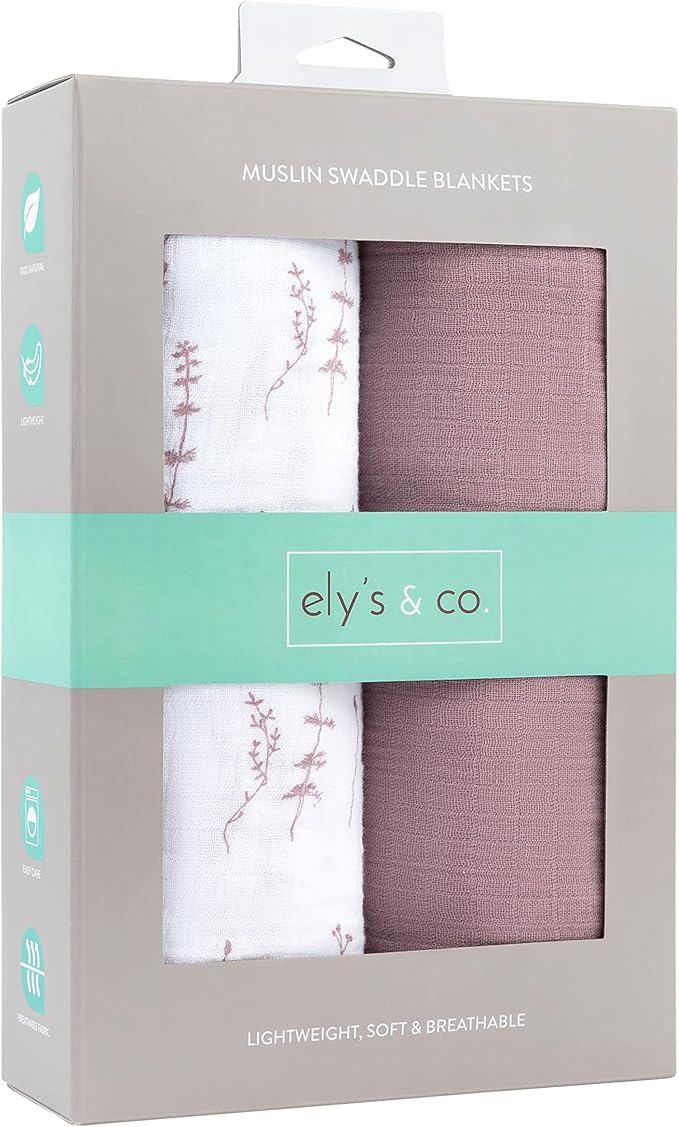 Ely's & Co. Muslin Swaddle Blanket 2-Pack — 100% Cotton Muslin Extra-Large Swaddle Blankets (47” x 47”) Solid + Printed (Delicate Leaves + Solid Lavender)