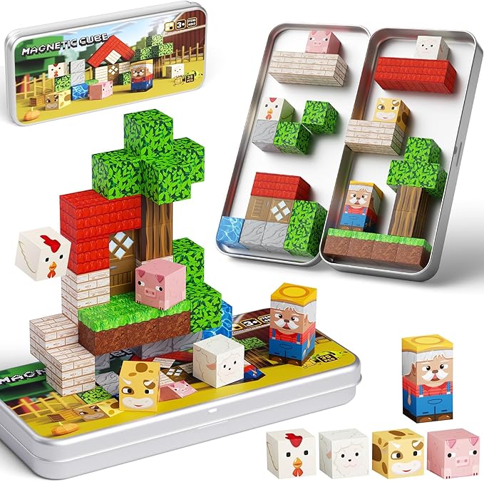 Mini Magnetic Blocks Farm Animals - 35 PCS Travel Magnet Building Blocks for Toddlers - STEM Educational Magnet Toys with Portable Iron Box for Kids Ages 3-8 Years Old Boys & Girls
