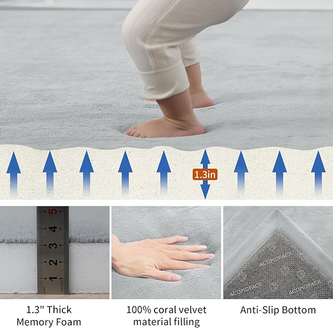 ACOMOPACK Baby Play Mat for Floor,1.3" Thick Memory Foam Area Rug for Living Room,Soft Velvet Crawling with Non-Slip Bottom for Kid,Toddler,79"×157" Tummy Time Nursery Rugs,Yoga（Light Grey）