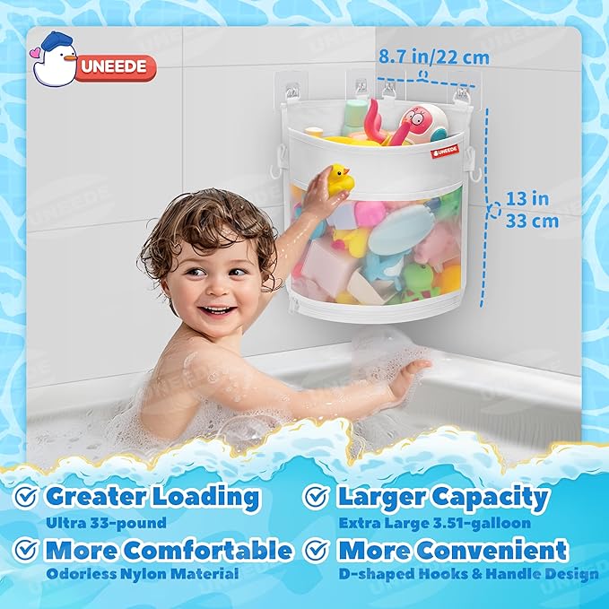 UNEEDE 3.5 Gallons Corner Mounted Versatile Bath Toy Organizer, Mesh Shower Caddy for Bathtub Toy Organizer and Storage, Quick Dry Bath Toy Holder