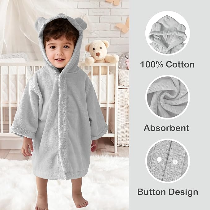 VOOVA & MOVAS Baby Hooded Bath Towel with Bear Ear (0-3Years) 100% Cotton Soft Absorbent Skin-Friendly Bath Pool Beach Towel Robe for Newborns & Infants - Perfect Set,Gray