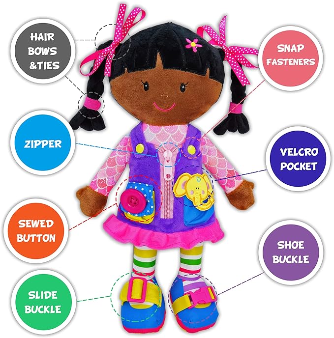 June Garden 15.5" Dressy Friends Scarlett - Educational Stuffed Plush Doll for Kids and Toddlers 2 Years and Up - Montessori Buckle Soft Toy