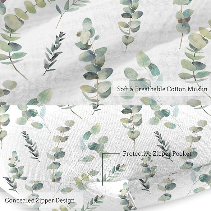 Little Grape Land Nursing Pillow, Soft 100% Cotton Breastfeeding Pillow with Breathable Muslin Removable Cover, Green Leaves Breast Feeding Pillows for Babies 0-12 Months with Protective Zipper