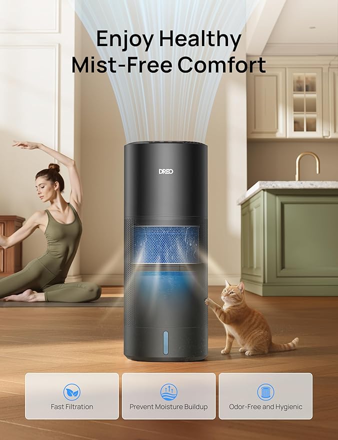 DREO Smart Evaporative Humidifier Large Room up to 1000ft², 800ml/h High Output Air Humidifiers for Bedroom, 10L, 50H Long Runtime with Precise Humidification for Plants, Home, Office, Black, HHM774S
