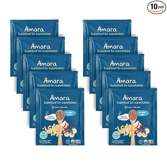 Amara Organic Baby Food | Oats and Berries | Baby Cereal to Mix With Breastmilk, Water, or Baby Formula | Baby Food Pouches, Made from Organic Fruit and Veggies | Stage 2 | 10 Pouches