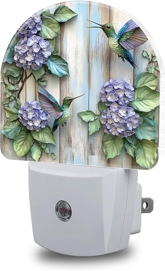 Night Lights Plug into Wall Hummingbirds and Hydrangea Flowers Night Light Dusk to Dawn Smart Sensor Decorative Round Led Lamp for Bedroom Kitchen Hallway Nightlight for Women Men