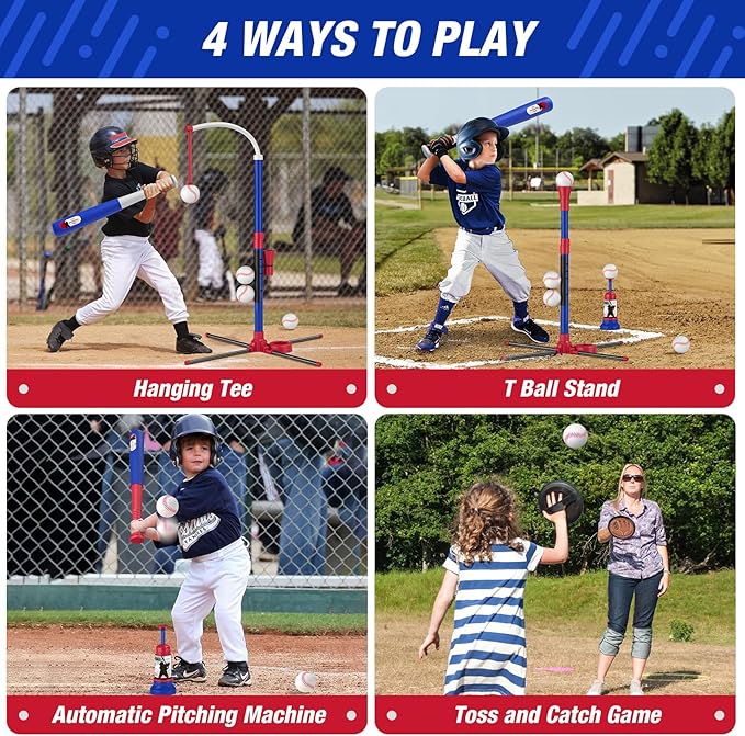 4 in 1 T Ball Sets for Kids 3-5 with Toss and Catch Ball Set, Hanging Tee Stand with Auto Pitching Machine/ 2 Bats, Indoor Outdoor Toys Birthday Baseball Gifts for Toddler Boys Girls, Blue