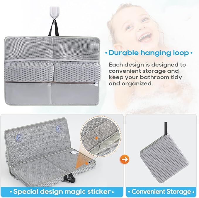 OS OMYSTYLE Baby Bath Kneeler and Elbow Rest Pad Set, 1.5'' Thick Quickly Dry Bathtub Kneeler Pad with Baby Toys & Bath Accessories Organizer, Kneeling and Elbow for Baby Tub, Non-Slip Mat(Light Grey)