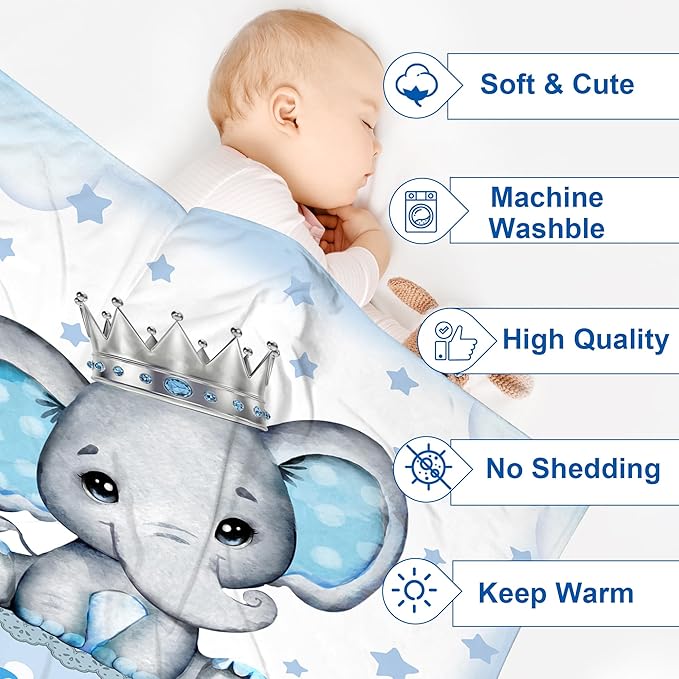 J&SBGFT Personalized Baby Blanket for Boys, Customized Name Blanket for Toddlers Kids Nursery Stroller Crib Decor Throw, King Elephant