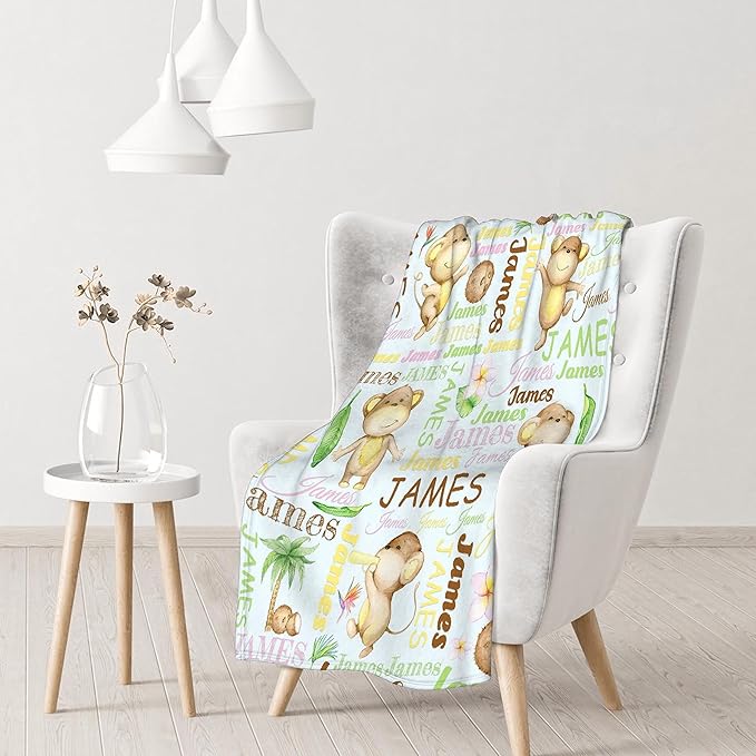 Personalized Baby Blanket for Girls Boys Monkey Custom Baby Blanket with Name Swaddle Blanket for Toddlers Infants Kids Shower Newborns Nursery Stroller Crib Decor Throw Birthday Gift