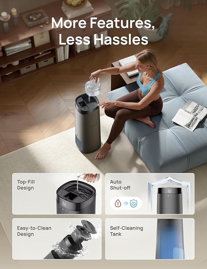 Dreo 16L Smart Humidifier Large Room 1000 ft², 130H Cool Mist Air Humidifiers for Bedroom Plants Baby, Top Fill, Remote/Touch/Voice & APP Control, Self-Cleaning Tank, 30dB, RGB Light, HM755S Grey