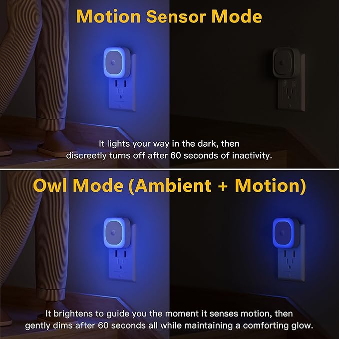 2 Pack Plug in Night Light with Motion Sensor & Dusk to Dawn Sensor, 3 Sensor Modes, Blue Night Lights Plug into Wall, Dimmable Nightlight for Bathroom, Bedroom, Indoor