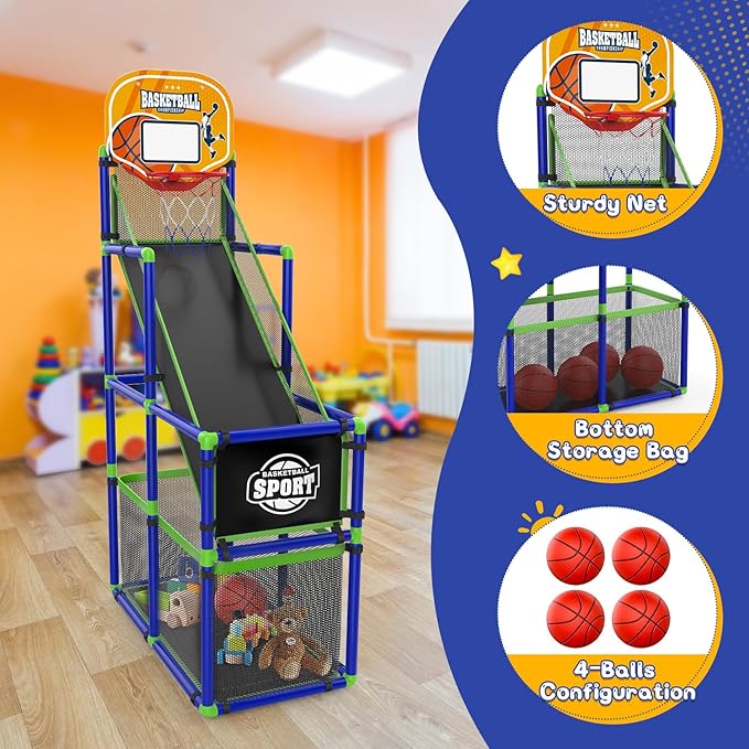 EagleStone Arcade Basketball Hoop Game Indoor, Ajustable Height Indoor Basketball Hoop with 4 Balls Storage Design for Kids,Perfect Sports Outdoor Play Toys for Kids Age 3 to 12 Years