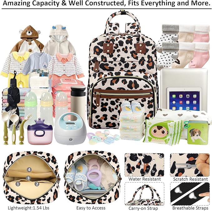 Diaper Bag Backpack Tote for Women Large Capacity, Baby with Insulated Pockets Multifunctional Bags For Girl Boy Waterproof Boys Girls Mama Maternity Travel Leopard