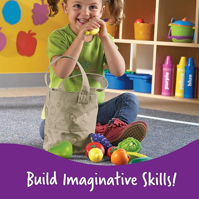 Learning Resources Fresh Picked Fruit And Veggie Tote, 17 Piece, Age 18 months+, Multicolor,8 L x 9 W in