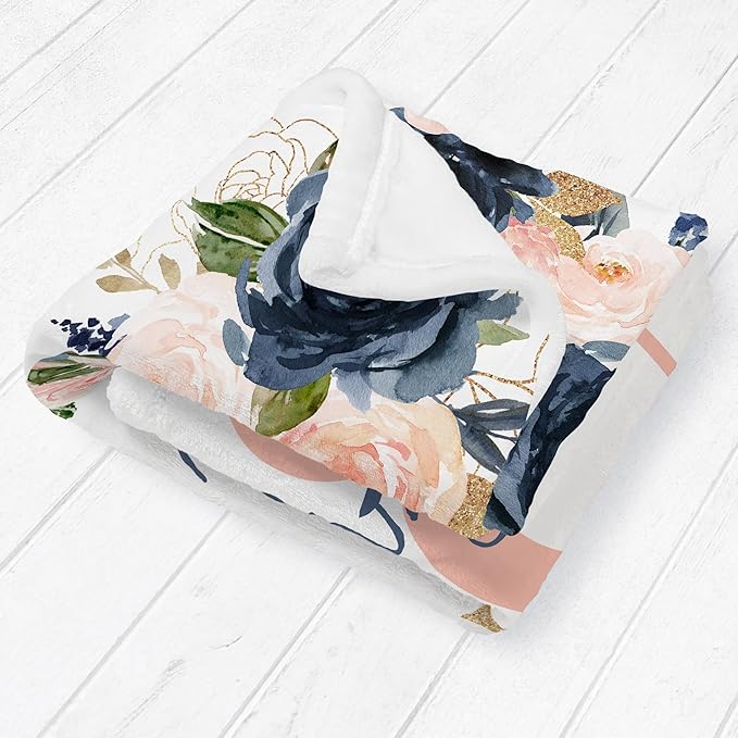 Girls Love A Monogram - Personalzied Floral Baby Blankets for Girls - Custom Baby Blankets for Girls with Name - Personalized Baby Girl Shower Gifts (Navy & Blush, 50 X 60 Kids)