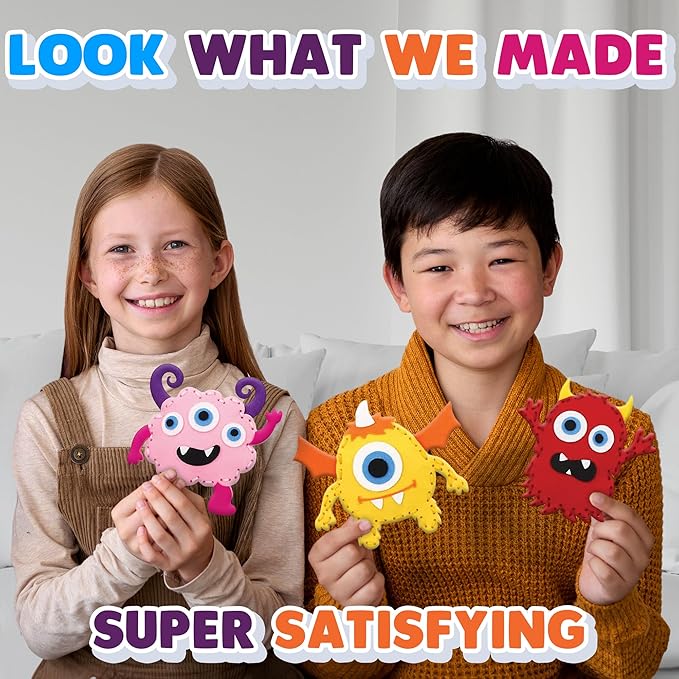 Halloween Monster Craft Sewing Kit for Kids - Sewing Craft Kit with 12 Monster Characters, 6 Child-Friendly Needles, 7 Thread Bundles, 1 Bag of Stuffing, and Scissors - Sewing Craft Ages 5 6 7 8 9 10+