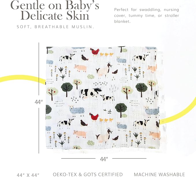 RED ROVR 100% Organic Cotton Muslin Swaddle | Newborn Receiving Blanket | Baby Wrap | Boy, Girl, Unisex | Soft, Lightweight, Breathable | Burping, Nursing | 44" x 44" | Family Farm