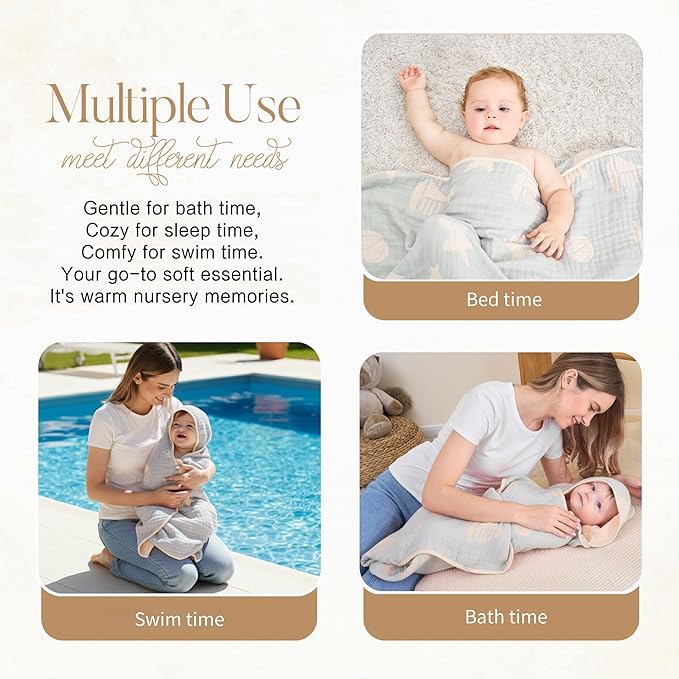 Ultra-Soft Muslin Baby Hooded Towel - 32 x 32 Inches, Ideal for Bath & Beach, Suitable for Both Boys & Girls from Newborns to Toddlers