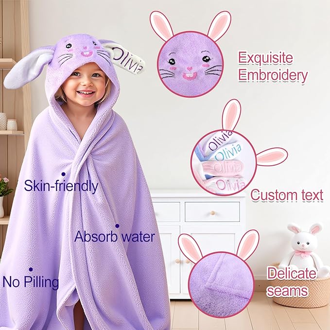 Custom Hooded Bath Towel with Name, Personalized Highly Absorbent Bunny Towels, Baby Bath Towels for Girls Boys, Easter Brithday Shower Gifts for Baby, Toddler, Newborn (Purple)