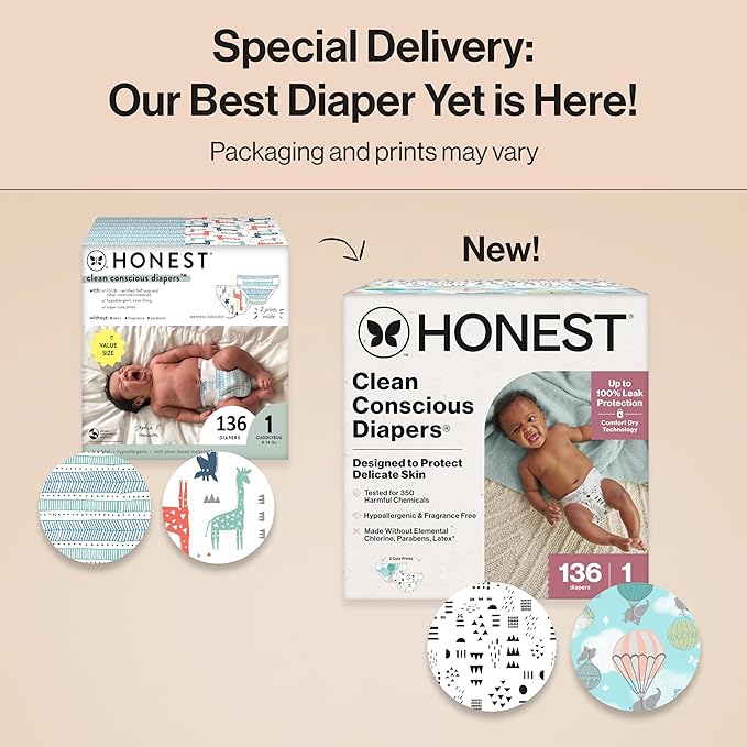The Honest Company Clean Conscious Diapers for Sensitive Skin, Up to 100% Leakproof Hypoallergenic Fragrance-Free Baby Diapers, Gender Neutral Prints, Super Club Box, Size 1 (8–14 lbs), 136 Count