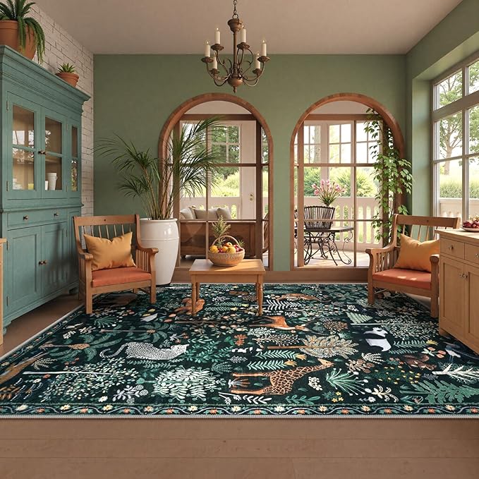 OJIA Jungle Print 9x12 Area Rugs for Living Room, Green Soft Bedroom Rug Washable Rugs 9x12, Modern Dining Room Rug Stain Resistant Ultra-Thin Floor Carpet for Playroom Kids Room Nursery