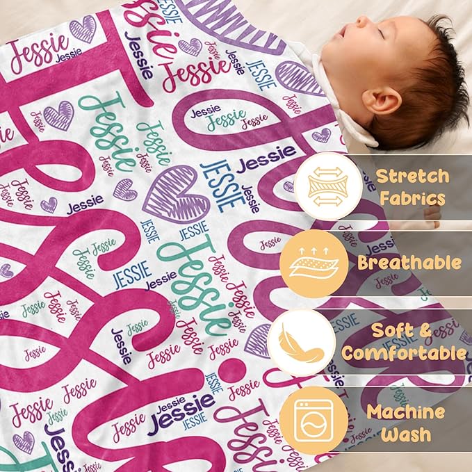 Custom Baby Blanket with Name, Personalized Toddler Blanket for Newborns, Purple Letters Soft Double Layer Flannel Blankets, Personalized Baby Gifts for Nursery Infant Shower Birthday(47"x60")