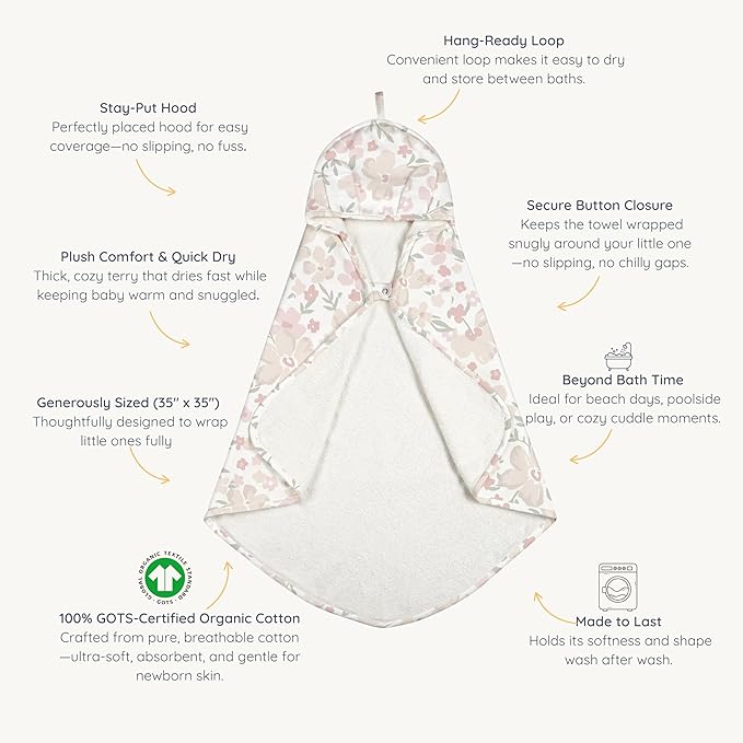 MakeMake Organics Organic Cotton Hooded Towel Baby Toddler GOTS Certified Organic Cotton Beach Poncho Towel Large Absorbent Non Toxic Neutral (Blossom, Diagonally 35"x35")