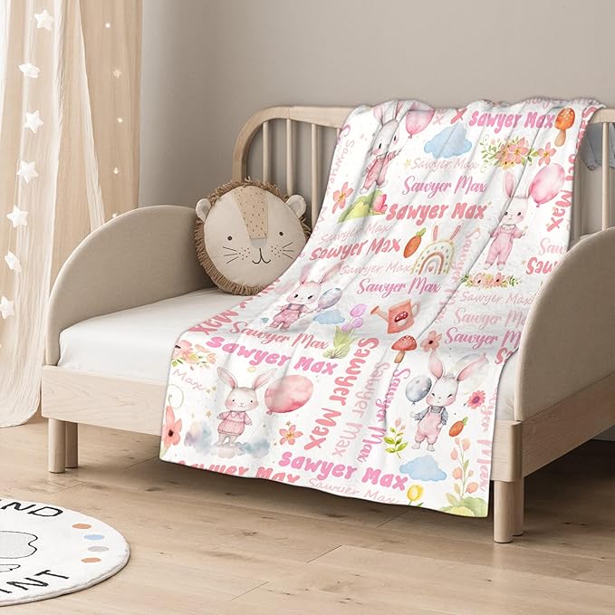 Personalized Custom Baby Blanket with Name - Bunny Swaddle Blanket for Toddlers, Infants, Kids, Newborns - Nursery Stroller Crib Decor Throw - Birthday Gift