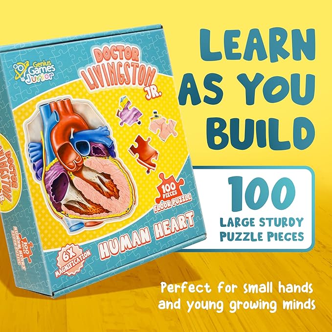 Human Heart Anatomy Floor Puzzle — Genius Games Doctor Livingston Jr Anatomy Toy - Kids Puzzles & Science Toys - Human Heart Model - 100 Piece Jigsaw Puzzles for Kids, Toddlers, Teens