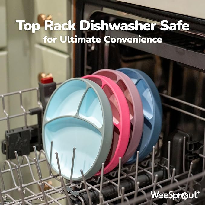 WeeSprout Silicone Suction Plate - Two-Tone Baby Plate with Suction Cup - Sectioned Divided Dish for Kids, Infants, Toddlers - Food-Grade Silicone Dinnerware (Pastel Pink/Bright Hot Pink)