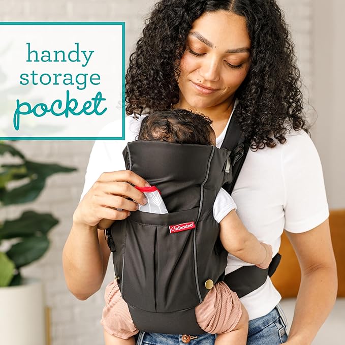Infantino Swift Classic Carrier with Pocket, 2-Ways to Carry Carrier with Wonder Bib & Essentials Storage Front Pocket for Babies 8-25lb, Adjustable Strap, Black