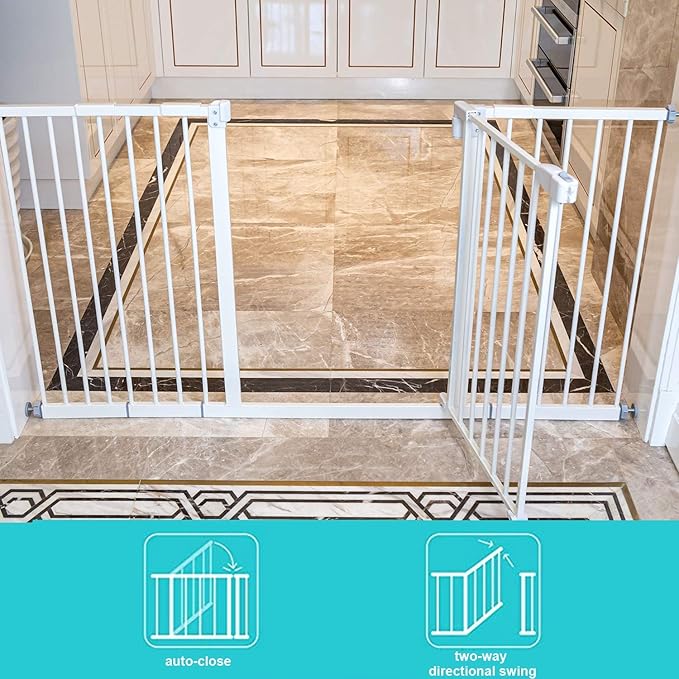 Kinfant Extra Wide Baby Gate - 58-Inch White Doorway & Stair Gate, Tall & Adjustable Extension Pressure Pet Gate, with Extension Kit, Pressure Mount Kit, Wall Cups