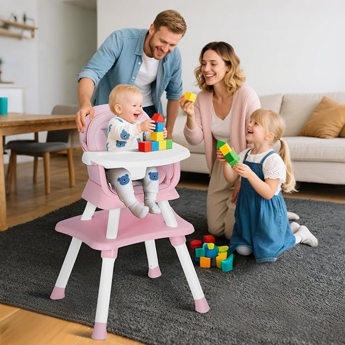 Baby High Chair, 8 in 1 Convertible Highchairs for Babies and Toddlers, Children Dining Booster Seat/Kids Building Block Table for Girls Boys, Baby Seat with Removable Tray,Pink & White