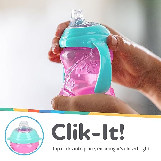 Nuby Clik-It Grip N' Sip Soft Spout No-Spill Training Sippy Cup with Handles -10 oz - 4+ Months - Aqua/Purple/Pink (Pack of 36)