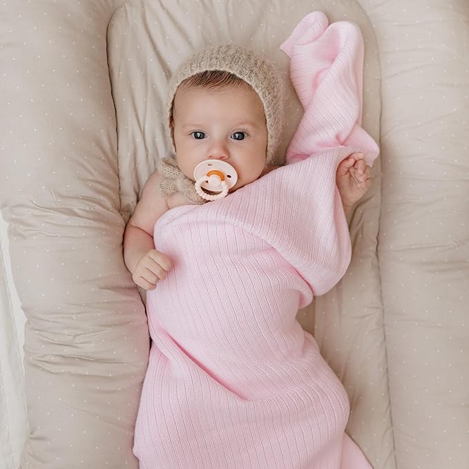 Organic Ribbed Swaddle Blanket for Boys & Girls - 100% Luxury Organic Soft Cotton Knit Warm Cozy Cuddle Stroller Blanket for Newborns, Infants, & Toddlers (Blush Pink)