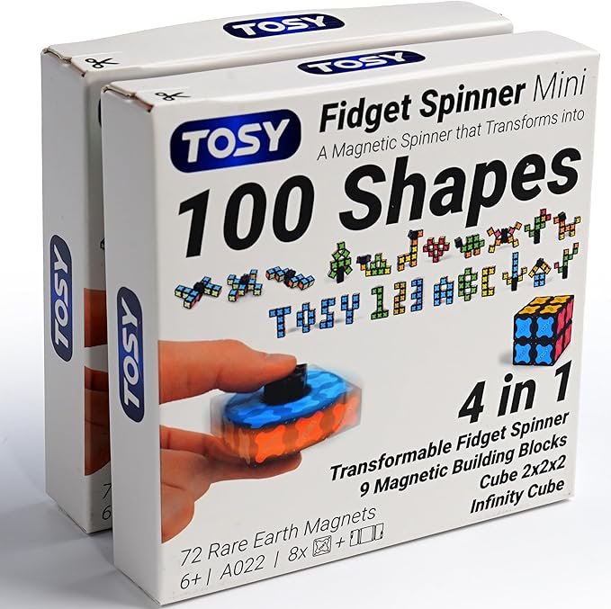 TOSY Magnet Fidget Spinner Mini - 8 Blocks, 3 in 1 Toy: Transformable Fidget Spinner, Infinity Cube, 2x2 Puzzle Cube, Stress Relief, STEM Magnet Tiles Birthday Gift for Kids/Boys/Girls/Adults, 2-Pack
