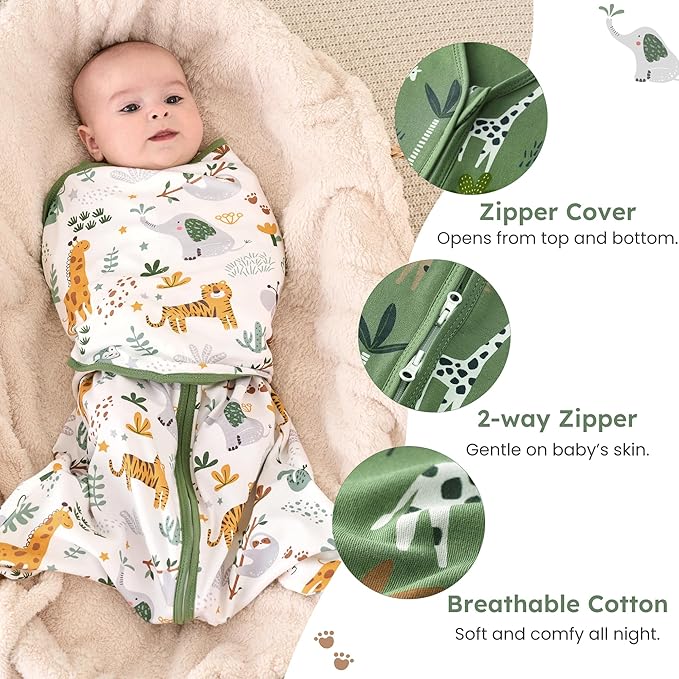 Baby Swaddle Sleep Sack 3-6 Months, Swaddles for Newborns Boy Girl, 3-Way Adjustable Infant Swaddle Wearable Blanket with Zipper & Detachable Wrap, 2 Pack Soft Snug Green Giraffe