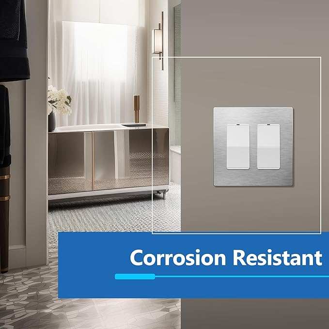 LIDER Double Decorator Metal Wall Plate, Temperature and Impact Resistant, 430 Stainless Steel, Screwless Cover, Modern Upgrade, Mid-Size 2-Gang 4.88” x 4.92”, Stainless Steel, LSMWP-32M-SS