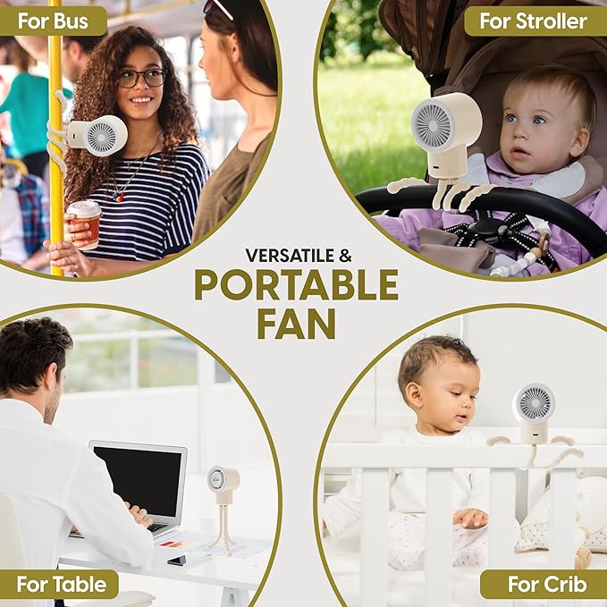 Portable Mini Travel Stroller Fan - Battery Operated, Clip On, Small, Handheld, Rotating, Rechargeable, Personal Fan with Flexible Tripod, 3 Speeds for Baby Crib, Bed Car, Seat Treadmill