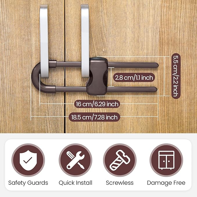 Jetec 10 Pieces Cabinet Locks for Babies, U-Shaped Proofing Drawers Safety Child Locks Adjustable, Easy to Use Childproof Latch for Knob Handle on Kitchen Door Storage Cupboard Closet (Brown,White)