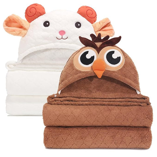 Kids Bath Towels for Boy Girl 0-5 Years, 2-Pack Soft & Absorbent Hooded Towel for Baby with Large Size50 x32, Luxuriously Thick and Plush Coral Fleece with Buttons White Sheep & Brown Owl